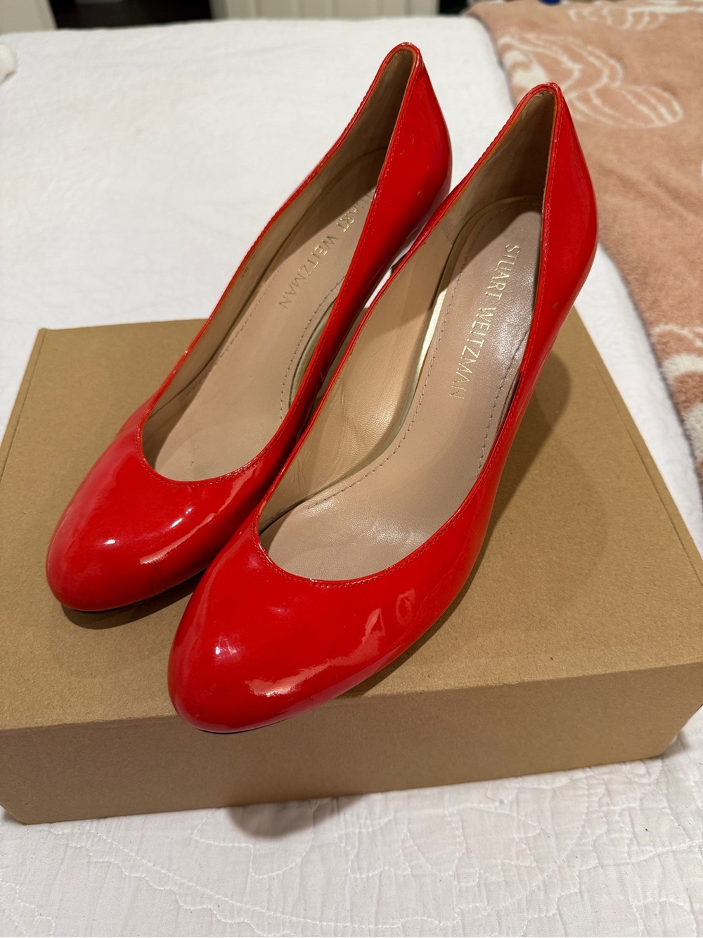 Stuart Weitzman Red Patent Round-Toe Pumps